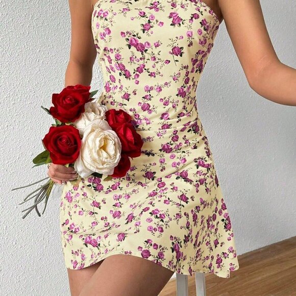 Apricot Boho Women's Summer Holiday Style Floral Print Wrinkled Strapless Dress - Picture 6 of 7